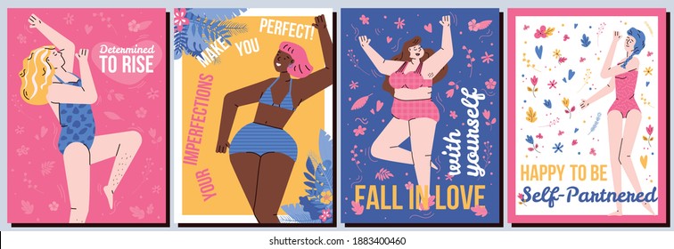 Body positivity and self love poster set. Cartoon women in swimsuits with female empowerment message text, vector illustration of confident self partnered girls.