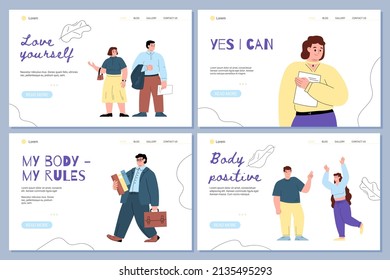 Body positivity and self love website banners set, flat cartoon vector illustration. Webpages with motivational body positive slogans and chubby plus size people.