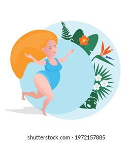 Body positivity. Womens day. White plump woman in swimsuit, love myself concept, standing against blue background with tropical leaves and flowers. Hello summer.