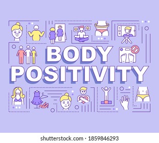 Body positivity word concepts banner. Self acceptance. Love your body. Infographics with linear icons on violet background. Isolated typography. Vector outline RGB color illustration