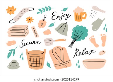 Body relax and skin care treatments. flat vector illustration isolated on a white background. Bath sauna and spa resort accessories. flat icons collection with towel, thermometer, foot, flowers