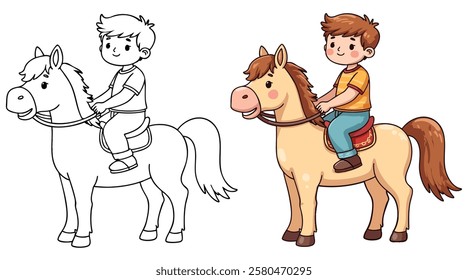 A Body Riding on A Horse or Pony line art with fill-colored sample Printable. Isolated on White Background Outline Vector Illustration. Bold and Easy Domestic Animal Coloring Page for Adults and Kids