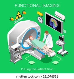 Body Scan PET Clinic MRI Functional Scan Tomography Brain Cancer Diagnostic Body Scan Imaging Hospital. Medical Doctor Patient Bed Healthcare Medicine 3D Isometric People Vector Infographic
