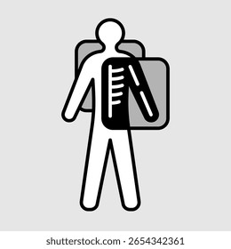 Body scan with xray machine icon. Standing man silhouette behind the x-ray screen with visible bones inside. X ray procedure simple line symbol. Editable stroke.