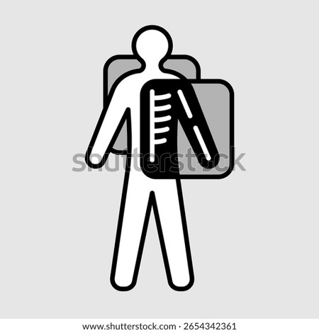 Body scan with xray machine icon. Standing man silhouette behind the x-ray screen with visible bones inside. X ray procedure simple line symbol. Editable stroke.
