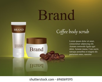 Body scrub coffee, cream, gel, body lotion on brown background, cosmetics design, coffee beans, beauty, advertisement, banner, poster, 3d vector, realistic illustration