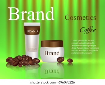 Body scrub coffee, cream, gel, body lotion on brown background, cosmetics design, coffee beans, beauty, advertisement, banner, poster, 3d vector, realistic illustration