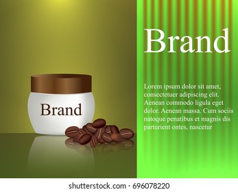 Body scrub coffee, body cream on brown background, cosmetics design, coffee beans, beauty, advertisement, banner, poster, 3d vector, realistic illustration