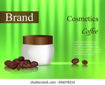 Body scrub coffee, cream tube, cosmetics design, coffee beans, beauty, advertisement, banner, poster, 3d vector, realistic illustration