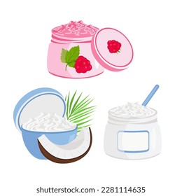 Body scrub, cream in a jar. Raspberry, coconut, vanilla. Vector set.