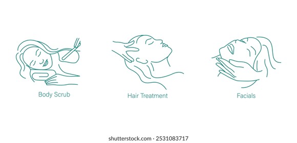 Body Scrub, Hair Treatment, and Facials Vector Icons for Beauty and Skin Care