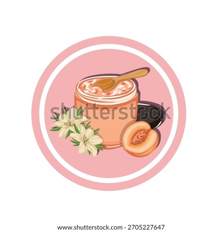 Body Scrub Jar with Peach Pit Cosmetics, Vector Cartoon