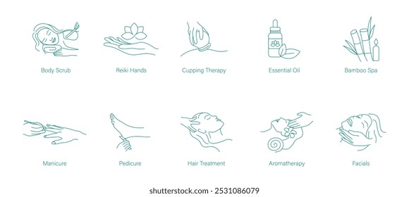 Body Scrub, Reiki Hands, Cupping Treatment, Essential Oil, Bamboo Spa, Manicure, Pedicure, Hair Treatment, Facials, and Aromatherapy Vector Icons for Complete Beauty Care 