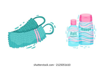 Body Scrubber or Shower Puff and Hair Shampoo and Conditioner Vector Set