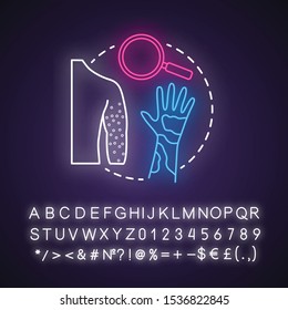 Body self-examination neon light concept icon. Rash symptoms, signs. Inflammation on skin. Safe sex. Dermatology idea. Glowing sign with alphabet, numbers and symbols. Vector isolated illustration