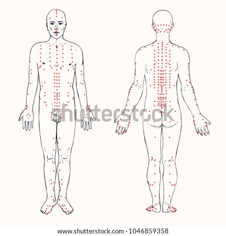 Body set (front and back) acupuncture scheme with red points, hand drawn doodle, sketch in pop art style, black and white medical vector illustration