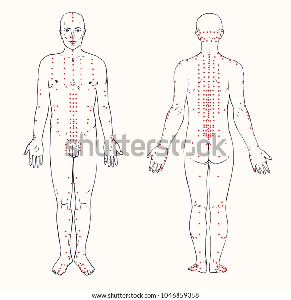 Body set (front and back) acupuncture scheme\
with red points, hand drawn doodle, sketch in pop art style, black\
and white medical vector\
illustration