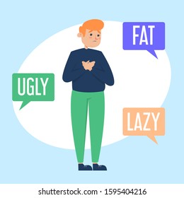 Body shame vector isolated illustration. Fat man ashamed of his body. Hateful comments to overweight person.