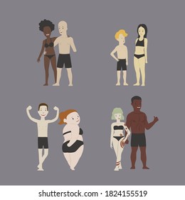 Body shaming concept about the acceptance of difference in physical appearance of people. Cartoon vector illustration set isolated on grey background.