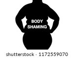 Body shaming - fat and obese woman body is labelled with body-shaming sign. Negative body image because of overweight and ugly figure. Assault and attack because of physical beauty