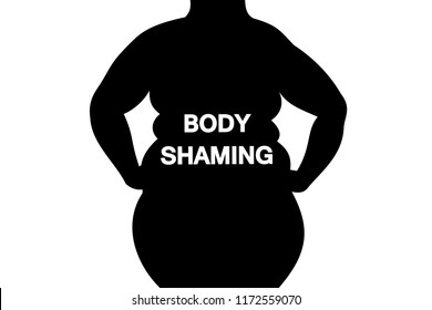 Body shaming - fat and obese woman body is labelled with body-shaming sign. Negative body image because of overweight and ugly figure. Assault and attack because of physical beauty