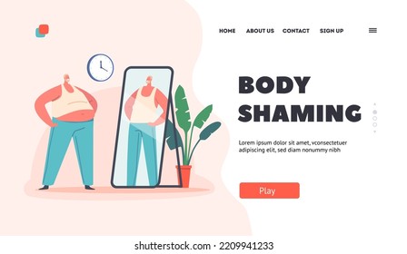 Body Shaming Landing Page Template. Fat Man Look At Mirror Reflection And Dreaming To Be Beautiful Confident Male Character. High Self-esteem Distorted Perception. Cartoon People Vector Illustration