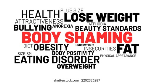 Body shaming - word cloud. Negative assault because of overweight, underweight, obesity, being fat and obese. Problem of body image, beauty standard and norm of physical appearance. Vector.