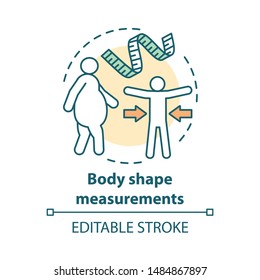 Body shape measurement concept icon. Fighting obesity, keeping fit idea thin line illustration. Measuring tape. Controlling body mass. Vector isolated outline drawing. Editable stroke
