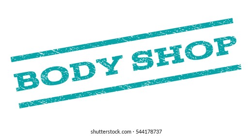 Body Shop watermark stamp. Text tag between parallel lines with grunge design style. Rubber seal stamp with scratched texture. Vector cyan color ink imprint on a white background.