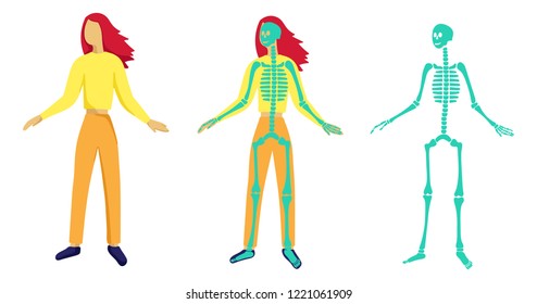 Body silhouette, skeleton and bones inside body, skeletal system flat illustrations set in modern style. Educational anatomy materials. medical center, clinic, institute, rehabilitation, diagnostic
