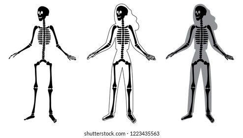 Body silhouette, skeleton and bones inside body, skeletal system flat illustrations set in modern style. Educational anatomy materials. medical center, clinic, institute, rehabilitation, diagnostic