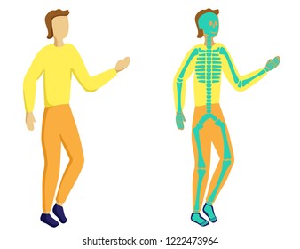 Body silhouette and skeleton, skeletal system flat illustrations set in modern style. Educational anatomy materials. medical center, clinic, institute, rehabilitation, diagnostic