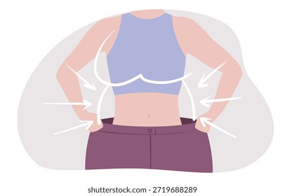 Progresso da redução do tamanho corporal mostrado por roupas soltas