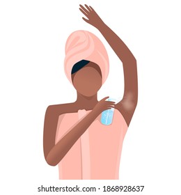 Body and skin care. Healthy lifestyle. Cosmetology. After the shower, the girl uses a deodorant or antiseptic against sweat, dirt and odor. Cartoon flat style. Can be used for collage.
