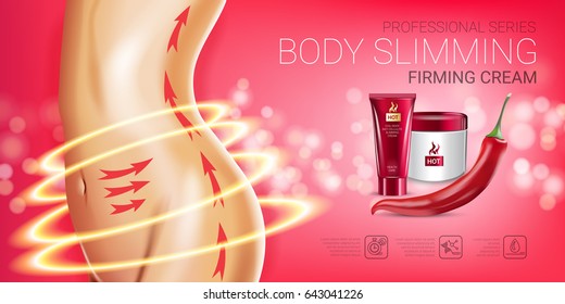 Body skin care series ads. Vector Illustration with chili pepper body slimming firming cream tube and container. Horizontal banner.