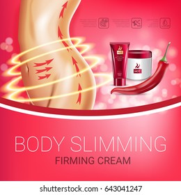 Body skin care series ads. Vector Illustration with chili pepper body slimming firming cream tube and container. Poster.