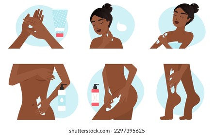 Body skin care set vector illustration. Cartoon skincare infographic collection with dark skin female applying cream or lotion on different parts of body, massage for arms and legs with cosmetics