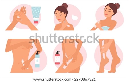 Body skin care set vector illustration. Cartoon skincare infographic collection with female character applying cream or lotion on different parts of body, massage for arms and legs with cosmetics