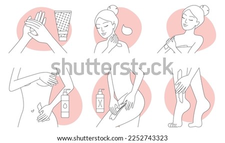 Body skin care thin line icons set vector illustration. Outline skincare infographic collection with girl applying cream or lotion application on different parts of body, healthy spa massage sketches