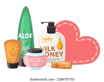 Body skin cosmetics vector. Eye gel, balm, sunscreen cream in bottles, tubes and jars illustration. Organic beauty product for skincare and hygiene. Promotion and advertising concept