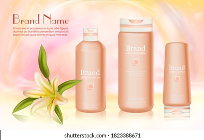 Body skincare cosmetics series with lily ingredient vector illustration. Realistic 3d cosmetic bottles for cream, lotion, shower gel or shampoo care product and lily flower on soft pink background