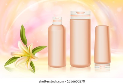 Körperpflegekosmetikserie mit lilären Inhaltsstoffen, Vektorgrafik. Realistische 3D-Kosmetikflaschen für Creme, Lotion, Duschgel oder Shampoo-Pflegeprodukte und Lilienblume auf hellrosa Hintergrund