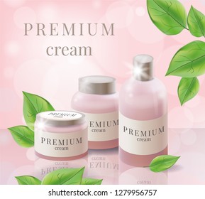 Body, skincare products. Body cream, butter, scrub, bath salt, gel, skin care, powder. Realistic packaging mockup template. Side view. Vector illustration