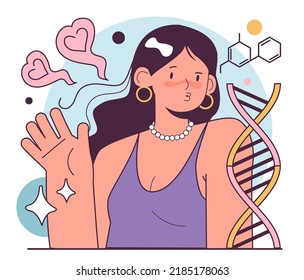 Body smell as a hereditary trait. Fragrance for good body smell, personal care. Excessive sweating or hyperhidrosis prevention. Genetic science. Flat vector illustration