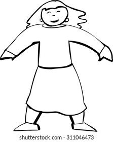 Body of smiling female in skirt as outlined illustration