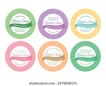 Body soap skin care cosmetic round retro emblem design template set vector flat illustration. Skincare organic natural wash dermatology cosmetology hygiene product for bath and shower aromatherapy