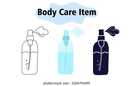 Body spray with a pleasant aroma in a blue jar with a pulivilizer. Self-care. In color, solid and linear style. Vector illustration.