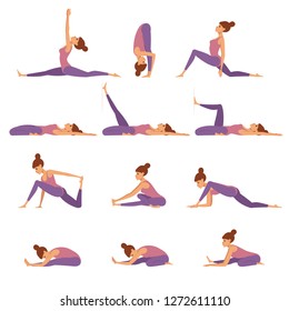 Body stretch collection. Vector illustration of young beautiful cartoon woman doing different stretching exercises. Isolated on white.