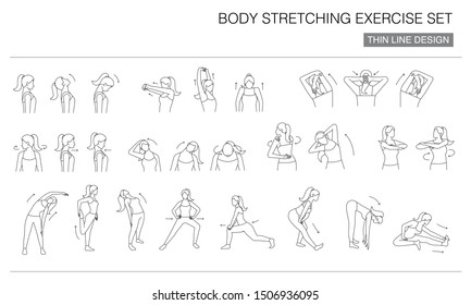 Body Stretching Exercise Icon Set, Thin Line Design