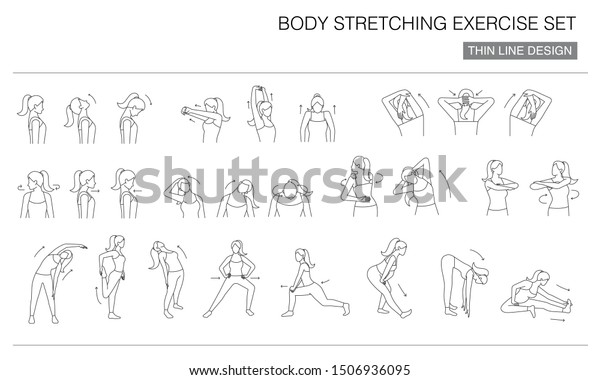 body
stretching exercise icon set, thin line
design